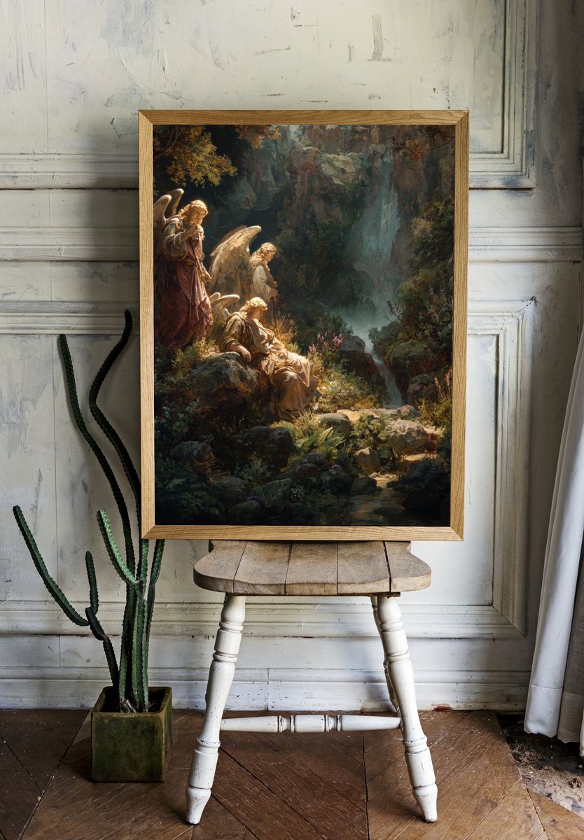 Angelic Figures in a Serene Landscape Poster. — room view 1