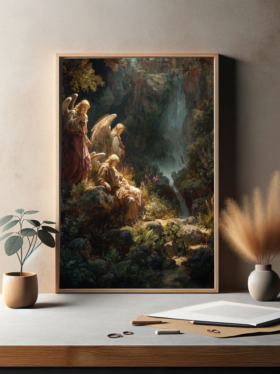 Angelic Figures in a Serene Landscape Poster. — room view 2