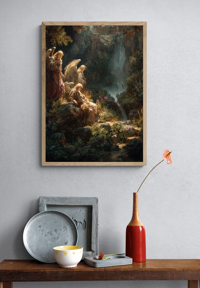 Angelic Figures in a Serene Landscape Poster. — room view 3