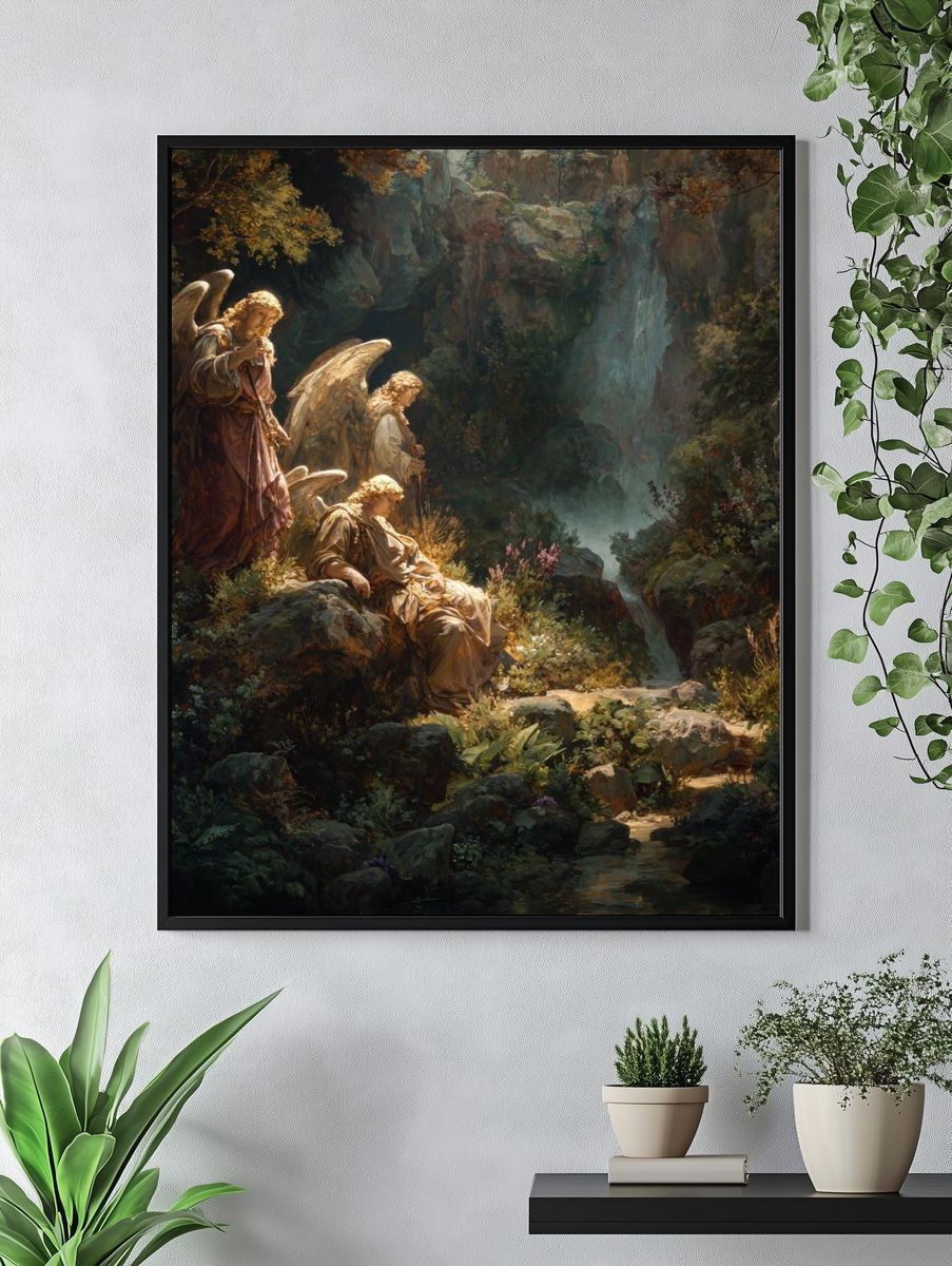 Angelic Figures in a Serene Landscape Poster. — room view 4