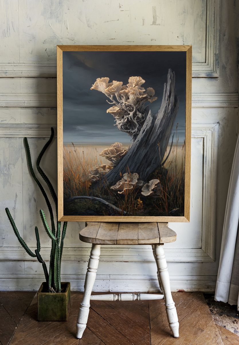 Mushroom Growth on Driftwood — Fine Art Print. — room view 1