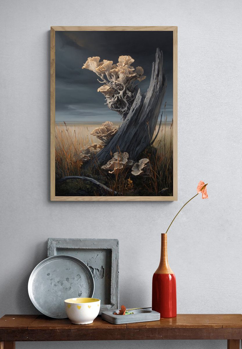 Mushroom Growth on Driftwood — Fine Art Print. — room view 3
