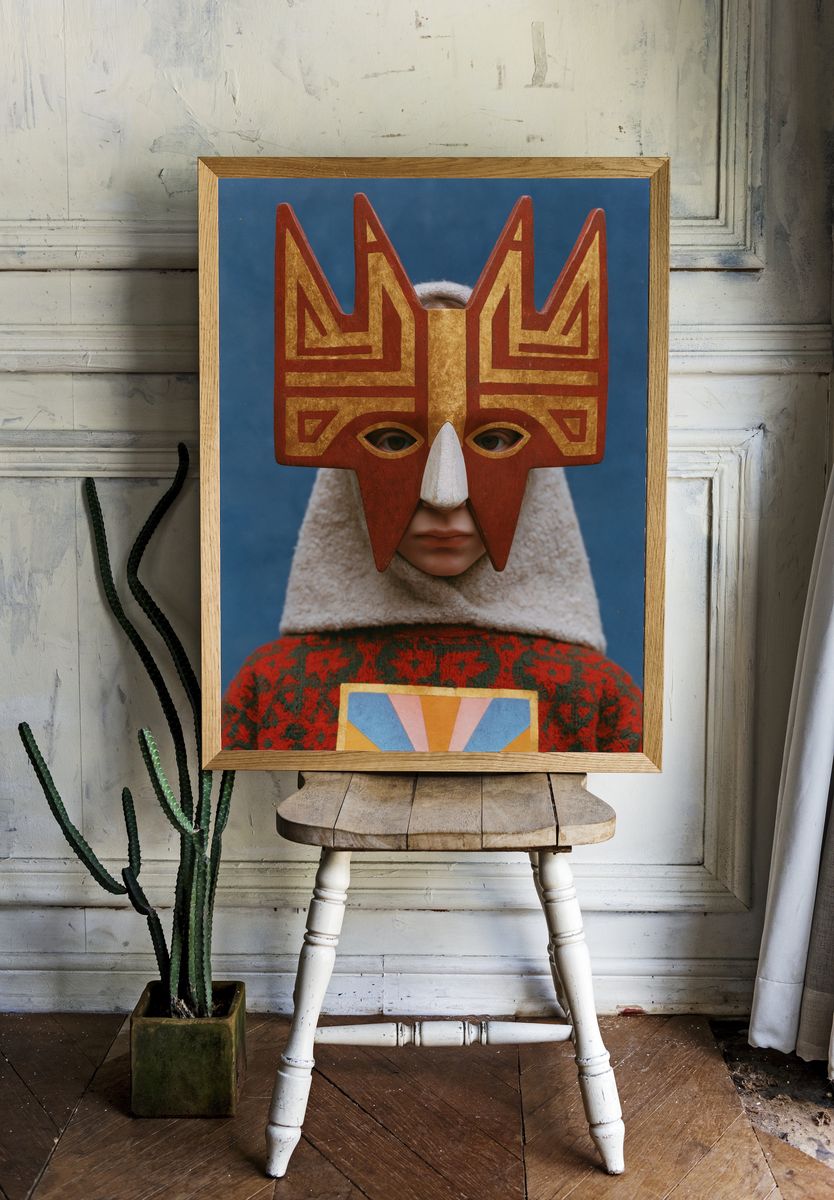 Masked Figure Portrait Print. room preview