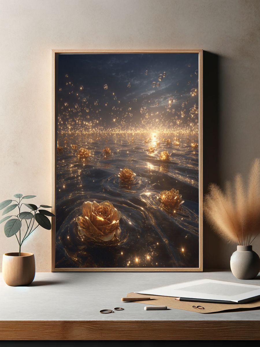 Golden Roses in Water — Fine Art Print. — room view 2