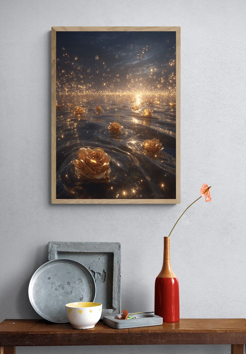 Golden Roses in Water — Fine Art Print. — room view 3