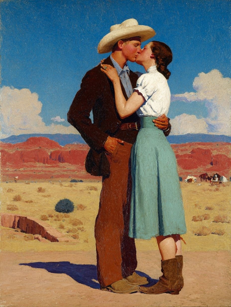 Cowboy Kiss in the Desert Print. poster — fine-art art