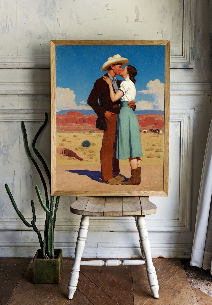 Cowboy Kiss in the Desert Print. — room view 1