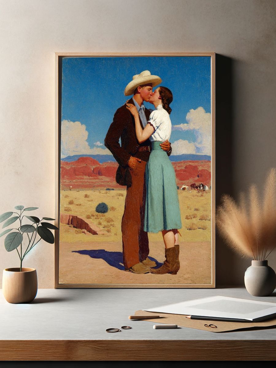 Cowboy Kiss in the Desert Print. — room view 2