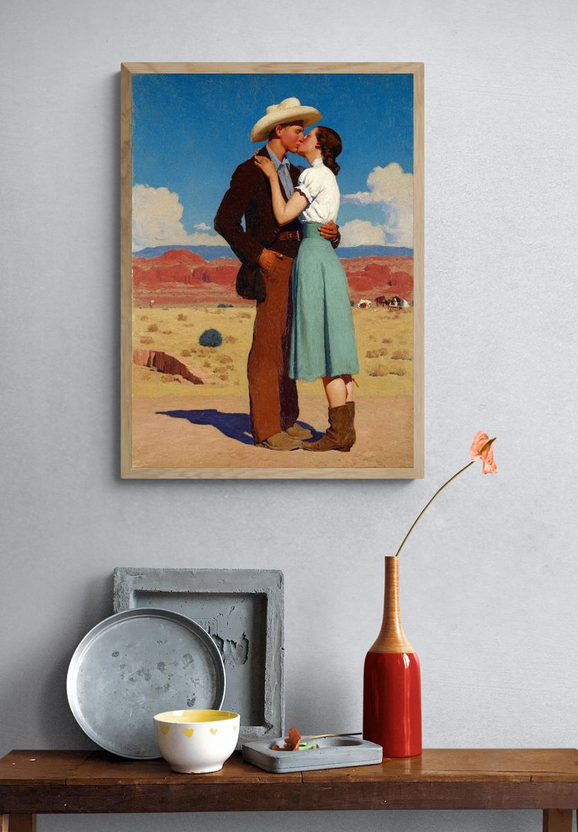 Cowboy Kiss in the Desert Print. — room view 3