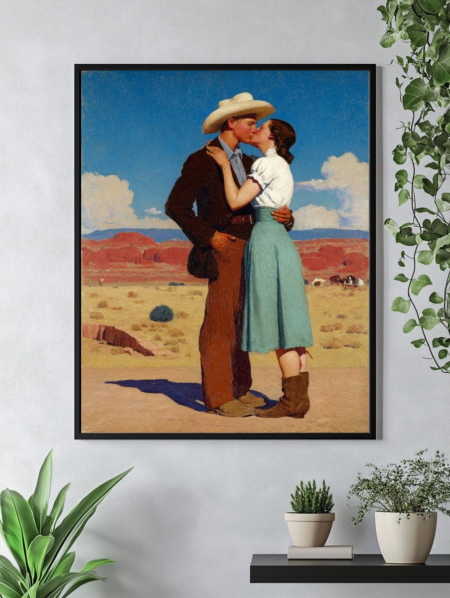 Cowboy Kiss in the Desert Print. — room view 4