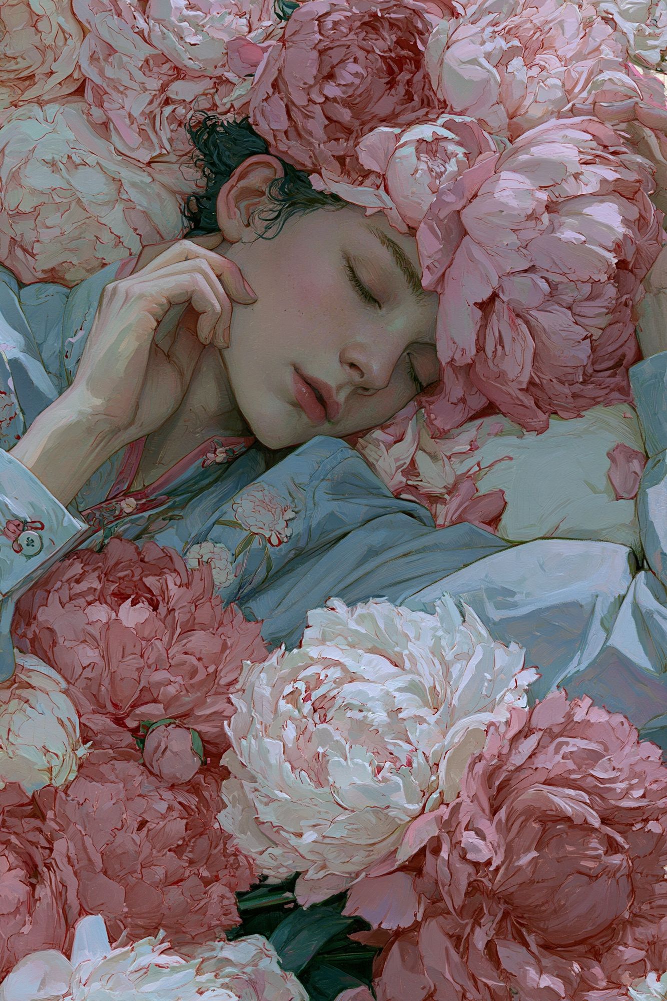 Sleeping Woman Among Peonies Print. poster — fine-art art