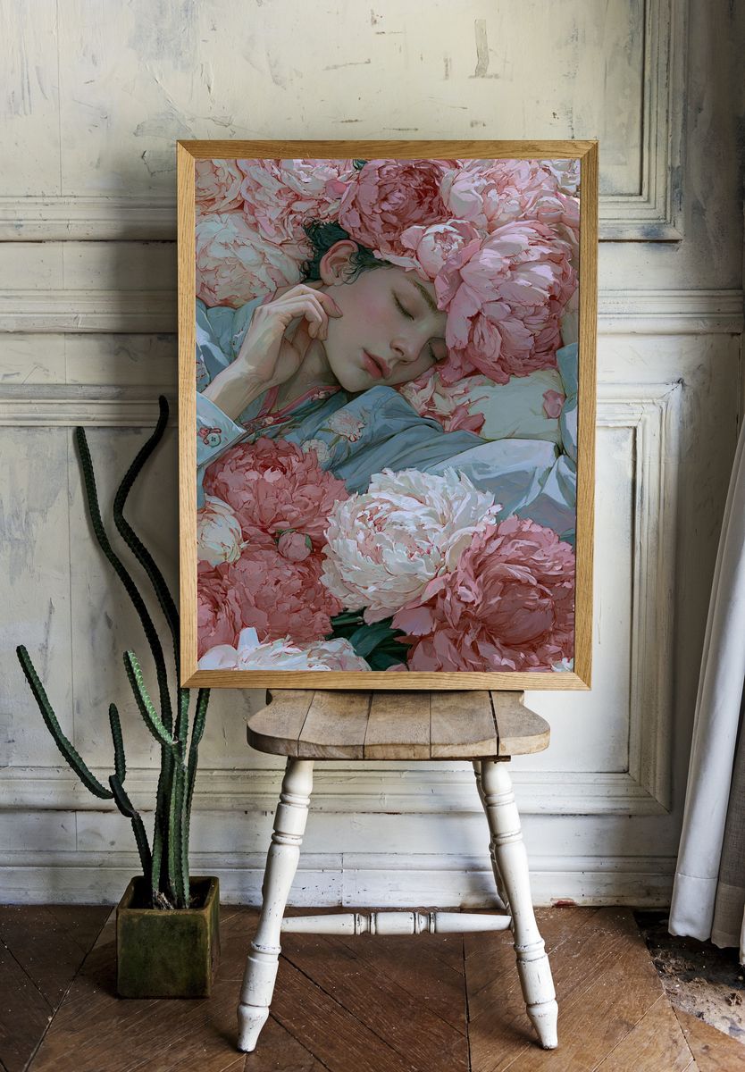 Sleeping Woman Among Peonies Print. room preview
