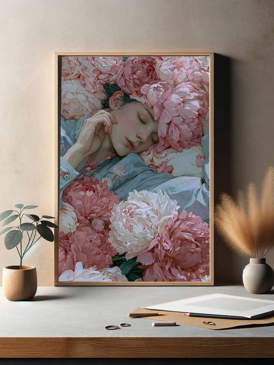 Sleeping Woman Among Peonies Print. — room view 2