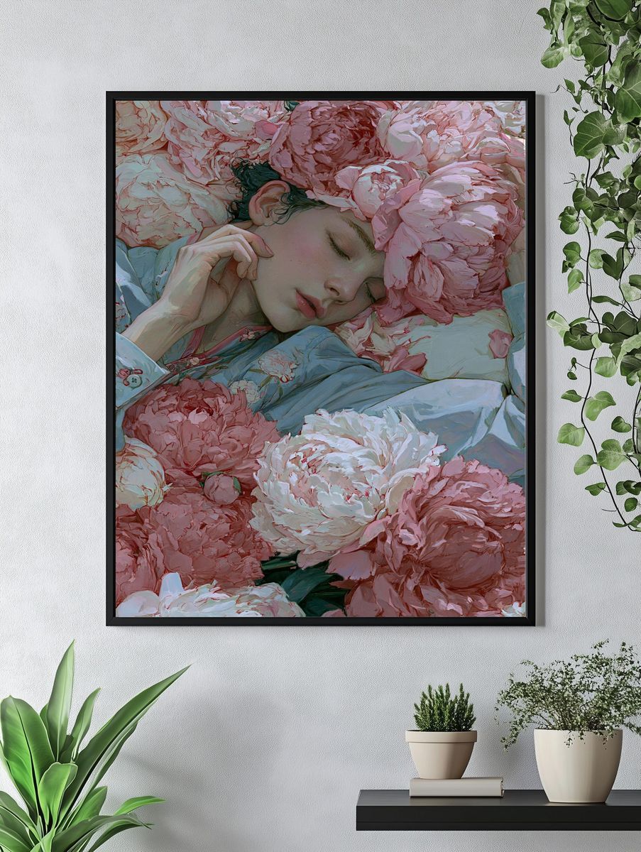 Sleeping Woman Among Peonies Print. — room view 4