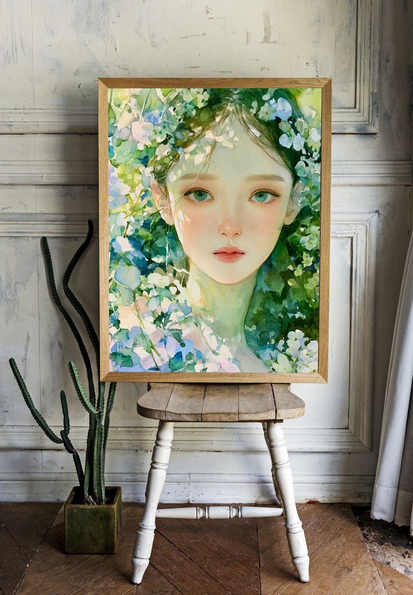 Floral Portrait Watercolor Print. room preview