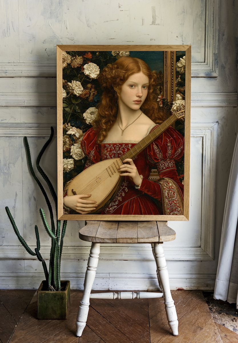 Renaissance Lute Portrait Print. room preview