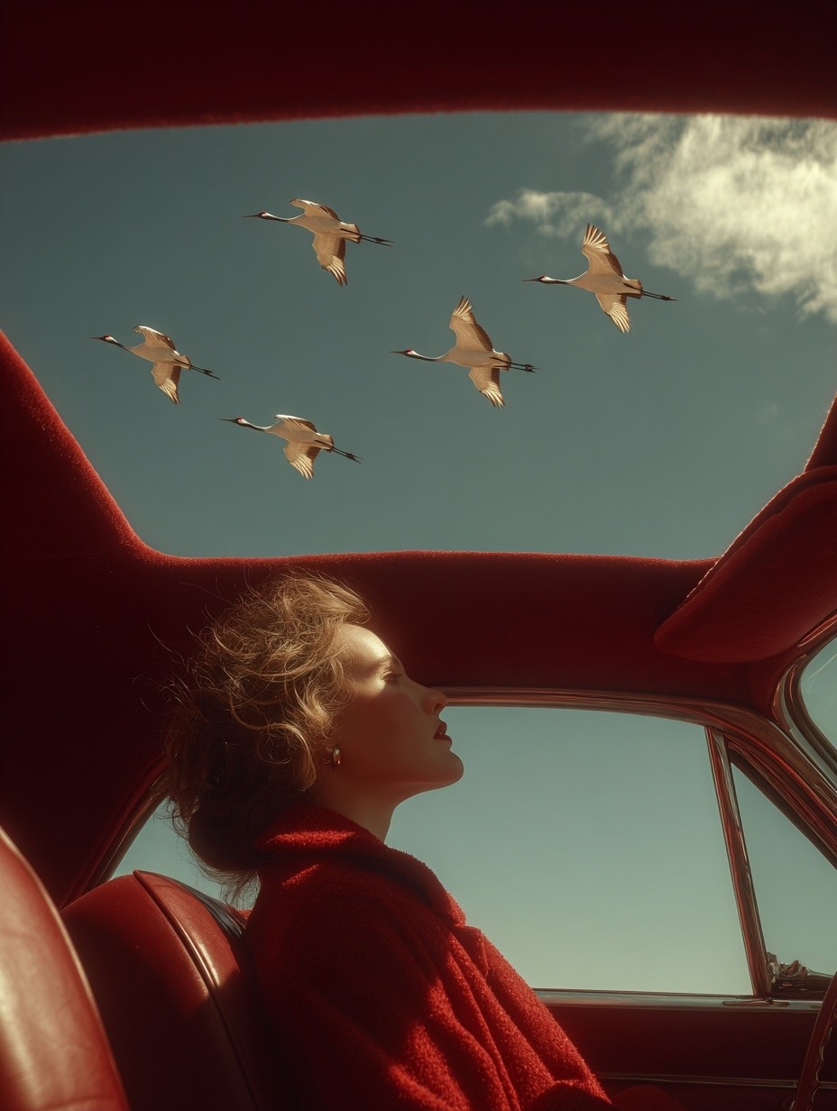 Woman in Red Car with Cranes — Fine Art Print. poster detail