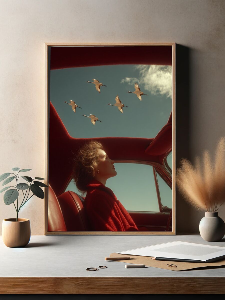 Woman in Red Car with Cranes — Fine Art Print. — room view 2