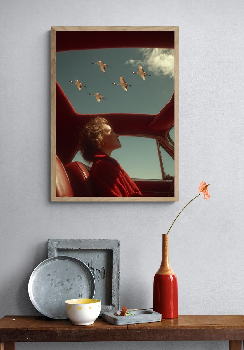 Woman in Red Car with Cranes — Fine Art Print. — room view 3