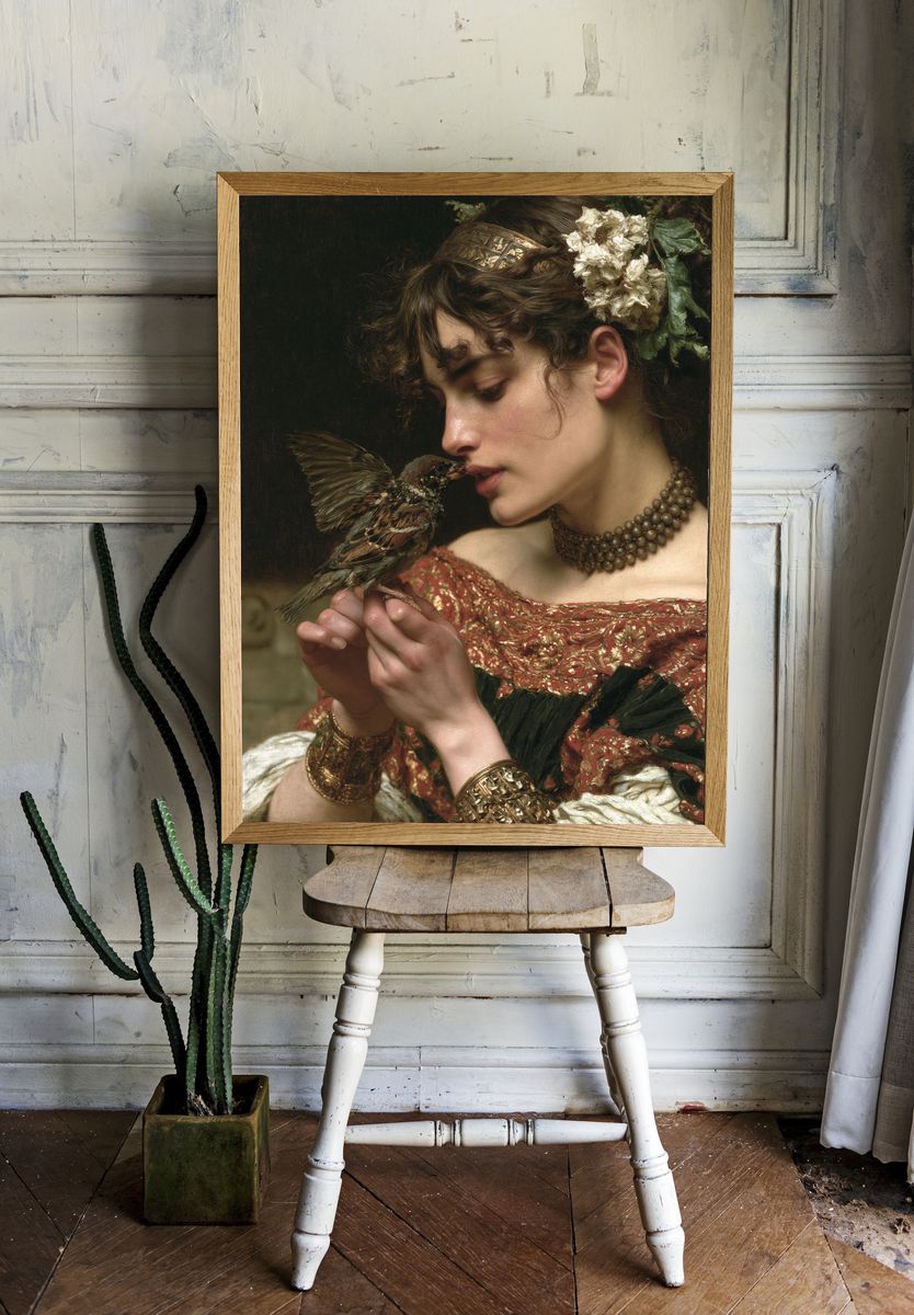 Woman with Sparrow Fine-Art Poster. room preview