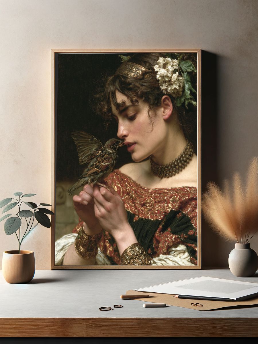 Woman with Sparrow Fine-Art Poster. — room view 2