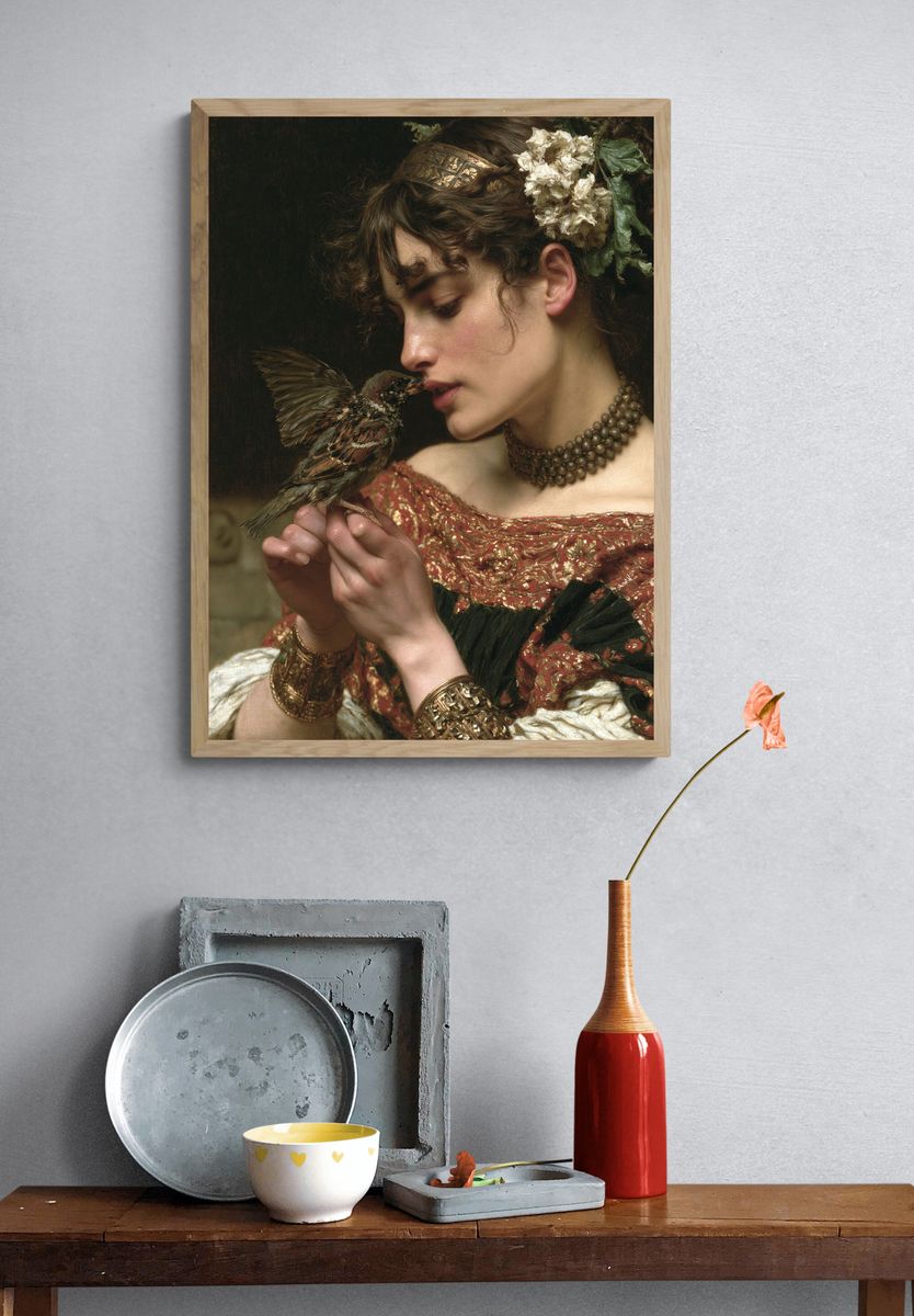 Woman with Sparrow Fine-Art Poster. — room view 3