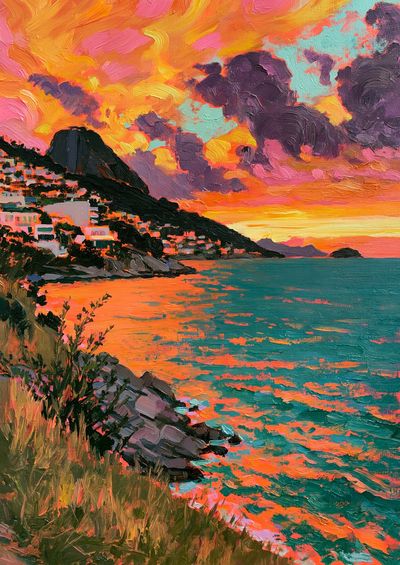 Coastal Sunset Oil Painting Poster. poster