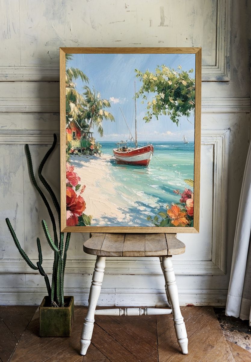Tropical Sailboat Beach — Fine-Art Print. room preview