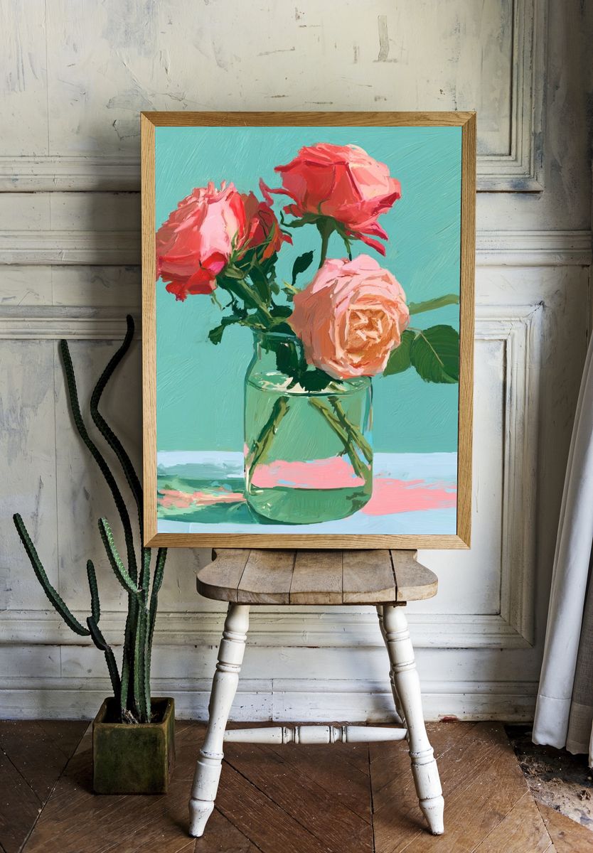 Pink Roses Still Life Poster. — room view 1