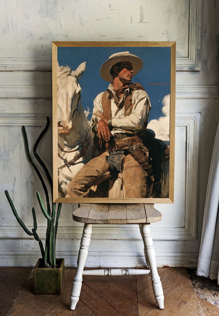 Cowboy on White Horse Fine-Art Poster. room preview