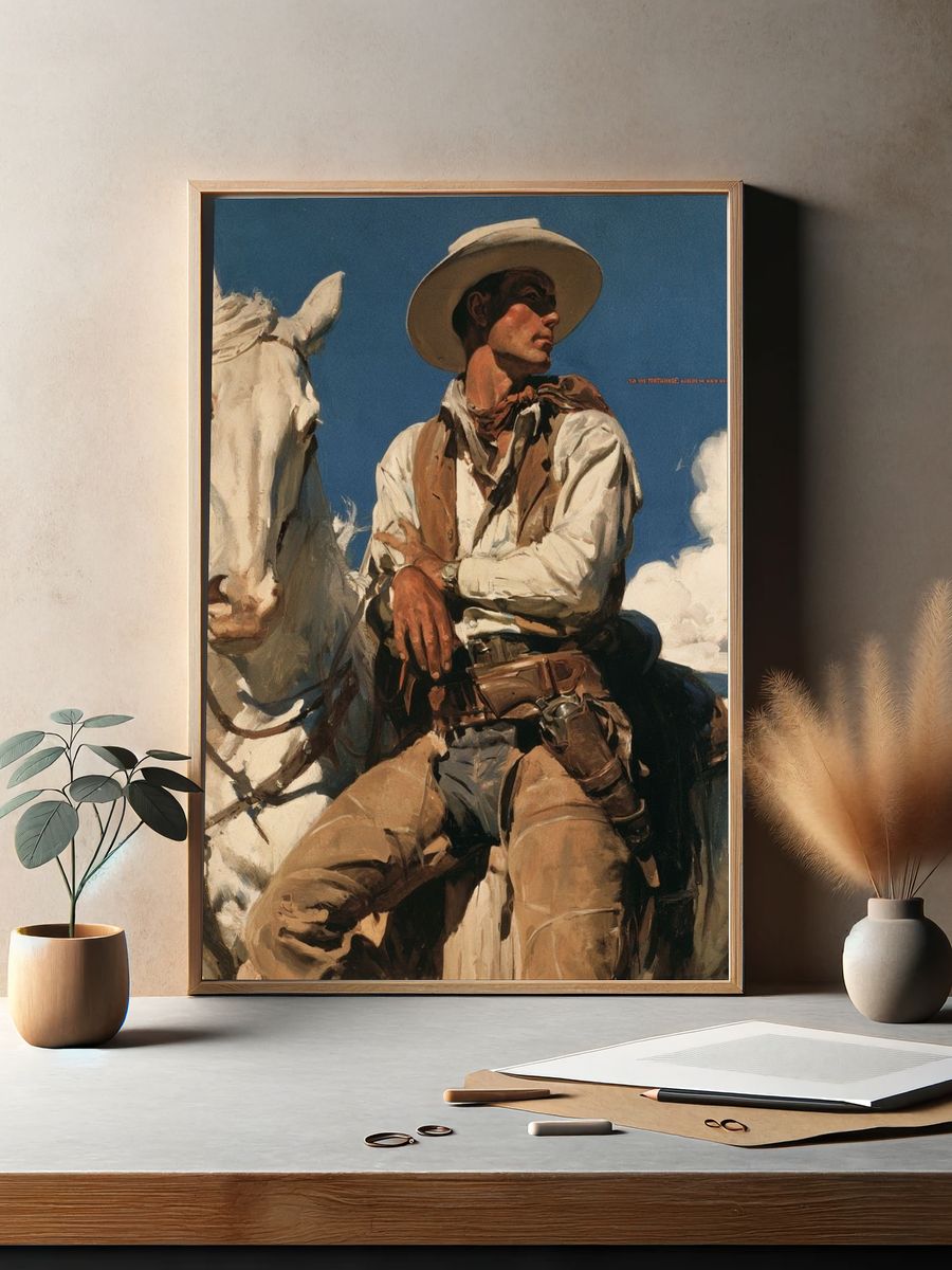 Cowboy on White Horse Fine-Art Poster. — room view 2