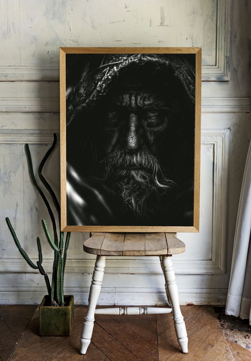 Hooded Elder Portrait Print. room preview