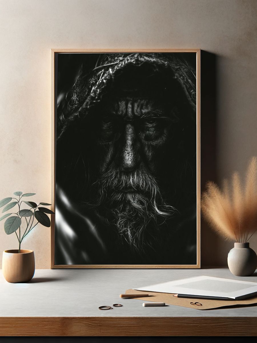 Hooded Elder Portrait Print. — room view 2