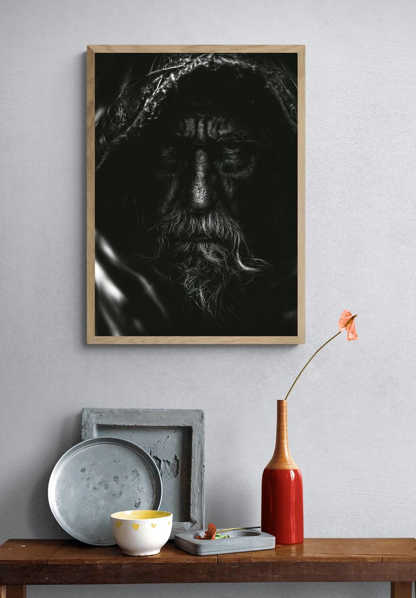 Hooded Elder Portrait Print. — room view 3