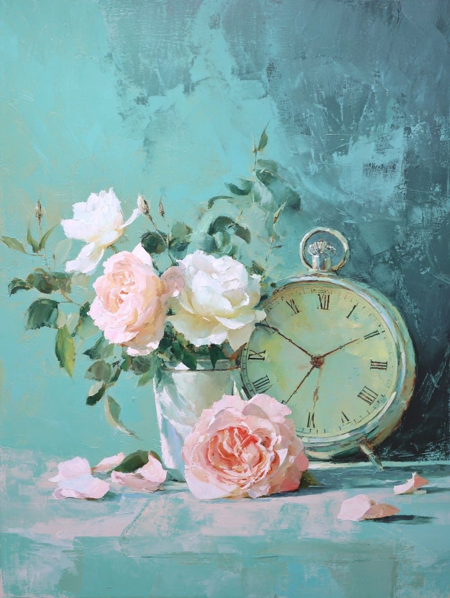 Pastel Roses and Clock Still Life Print. poster — fine-art art