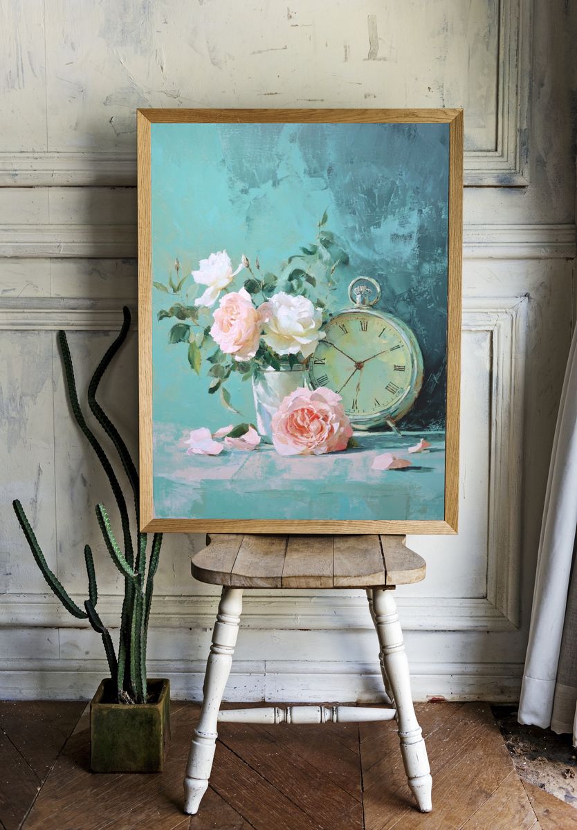 Pastel Roses and Clock Still Life Print. — room view 1