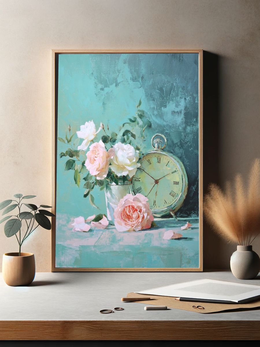 Pastel Roses and Clock Still Life Print. — room view 2