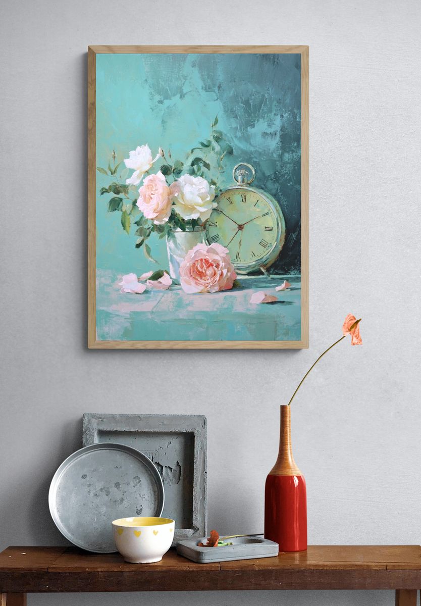 Pastel Roses and Clock Still Life Print. — room view 3
