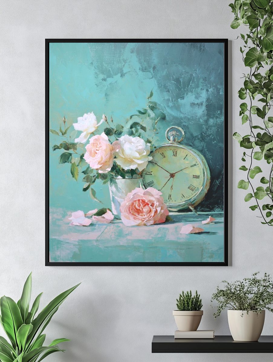Pastel Roses and Clock Still Life Print. — room view 4