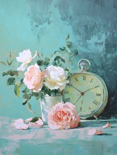 Pastel Roses and Clock Still Life Print. poster print