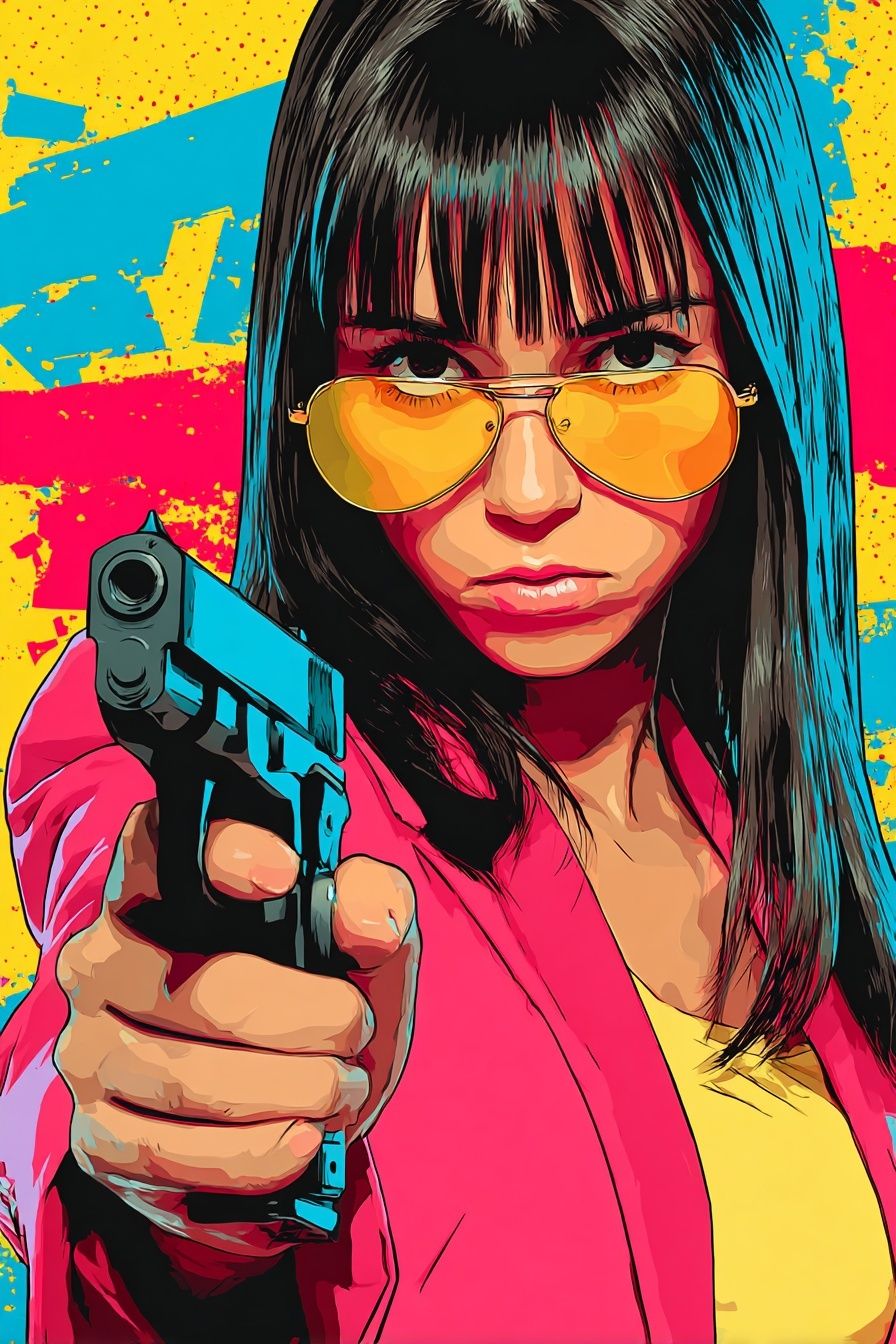 Pop Art Femme with Gun Poster. poster detail