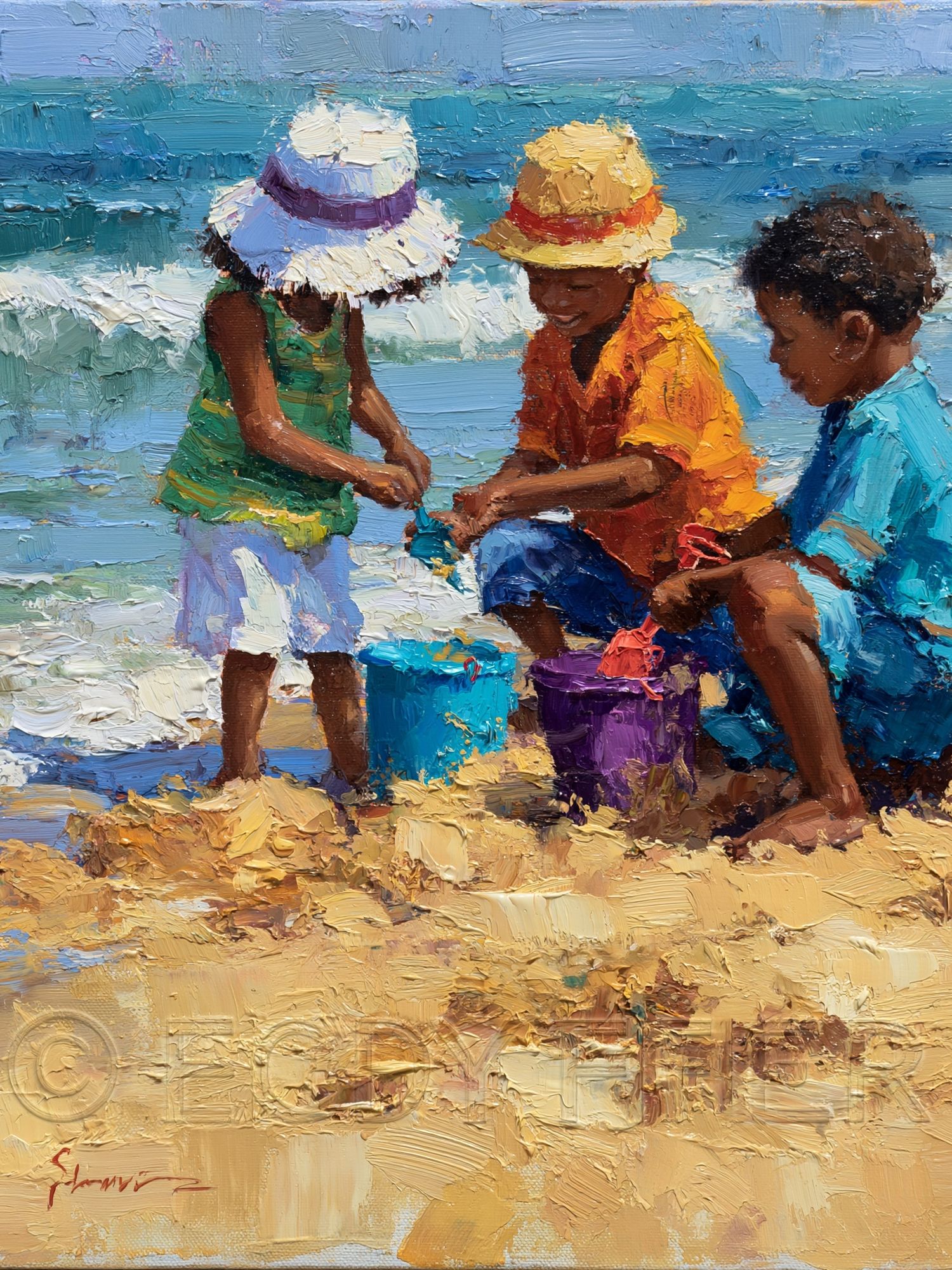 Beach Children Oil Painting Poster. poster detail