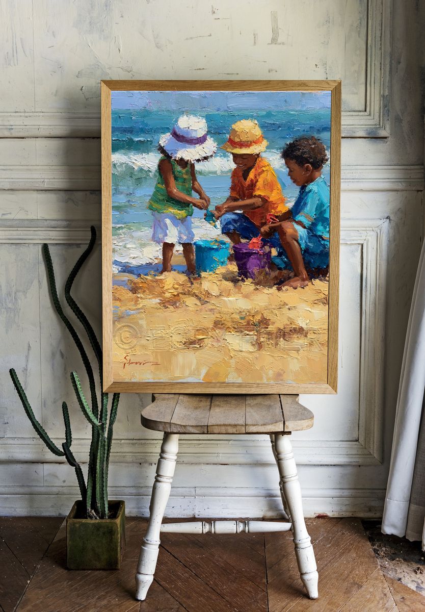 Beach Children Oil Painting Poster. room preview