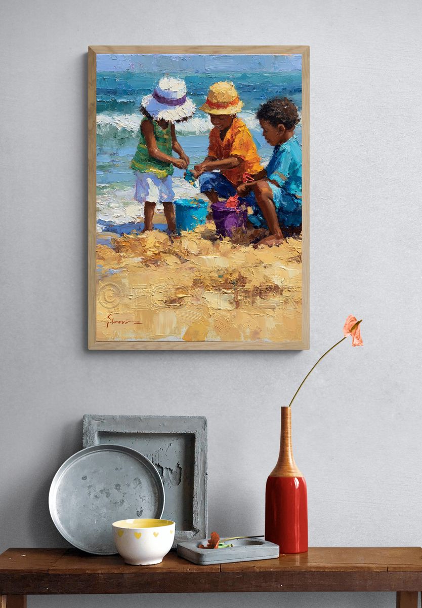 Beach Children Oil Painting Poster. — room view 3