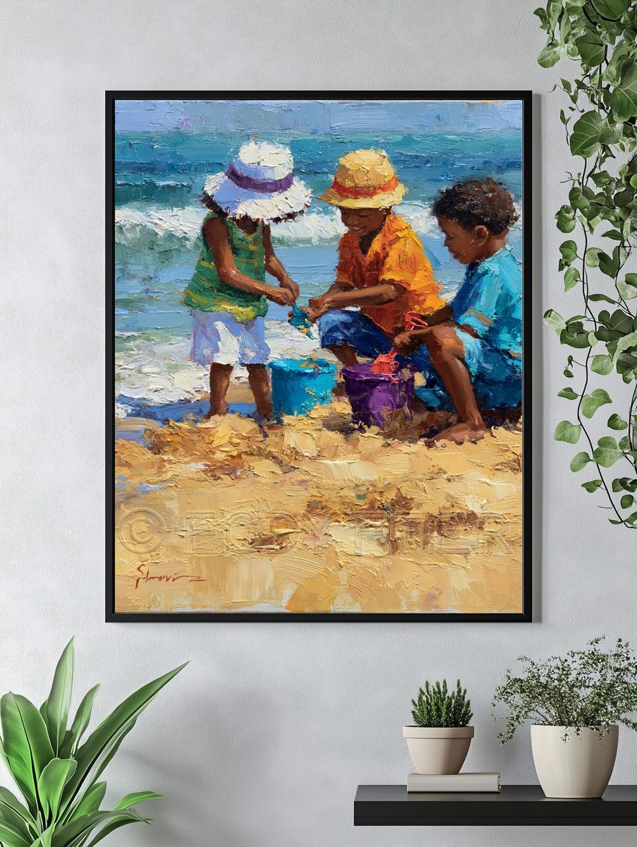 Beach Children Oil Painting Poster. — room view 4