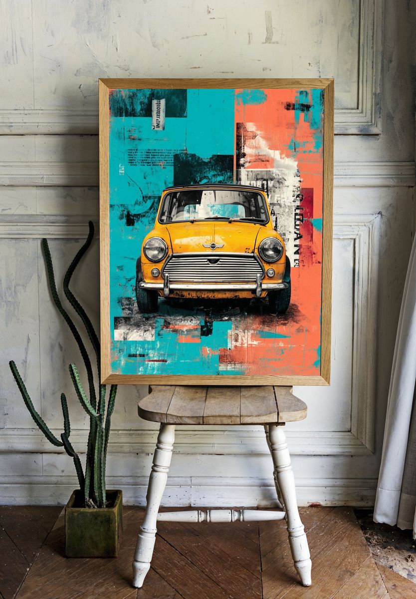 Yellow Mini Cooper Pop Art Poster. — room view 1