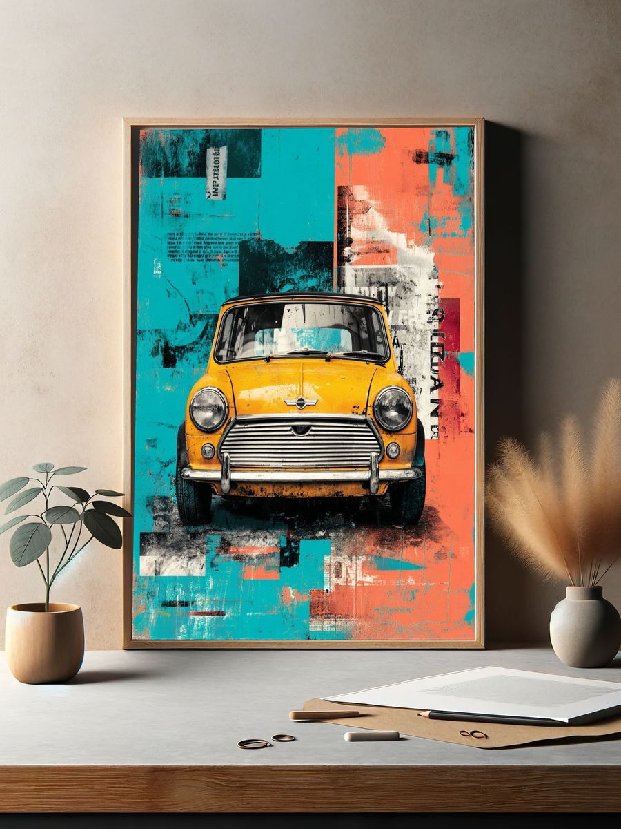 Yellow Mini Cooper Pop Art Poster. — room view 2
