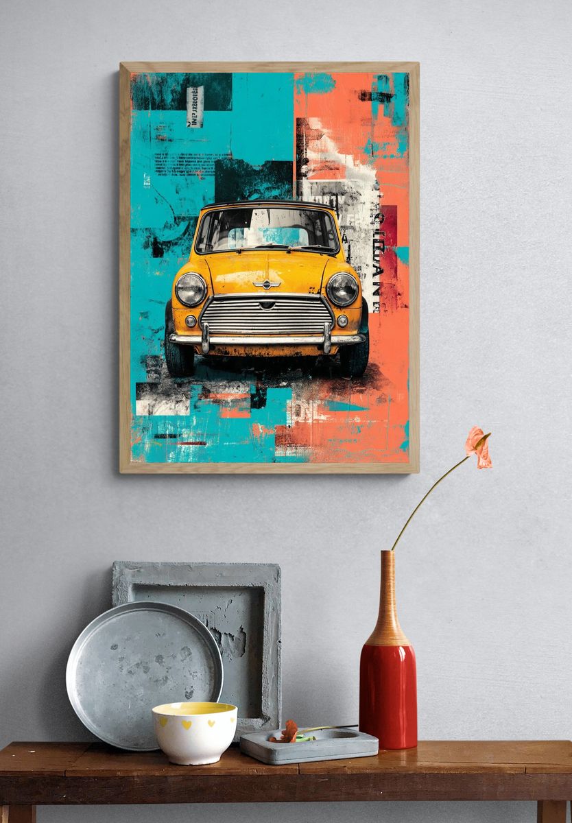Yellow Mini Cooper Pop Art Poster. — room view 3