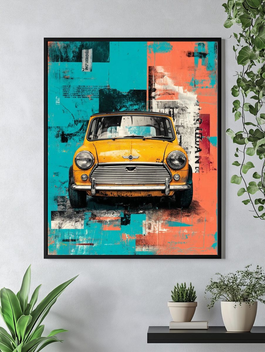 Yellow Mini Cooper Pop Art Poster. — room view 4