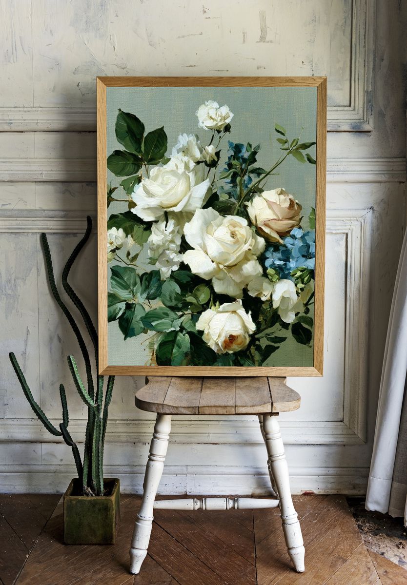 White Roses and Blue Blooms Print. room preview